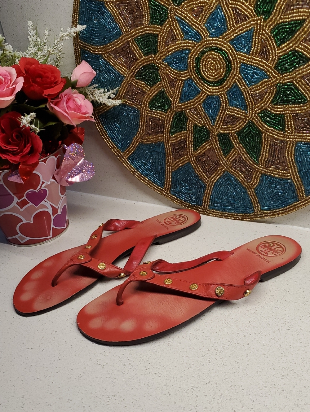 TORY BURCH Red Leather Logo Stud Flip Flop Sandals (sz 9)